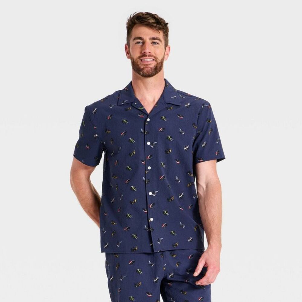 Men's Short Sleeve Great Outdoor Fly Fish Button-Up Shirt -  Navy S
